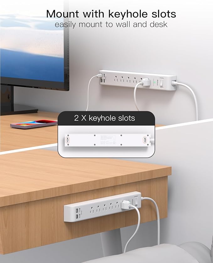 2 Pack Power Strip, 12FT Long Extension Cord, Surge Protector with 6 Outlets and 4 USB Ports (2 USB C), Flat Plug Overload Protection, Extension Cord 10+ ft, Wall Mount for Home Office Dorm College
