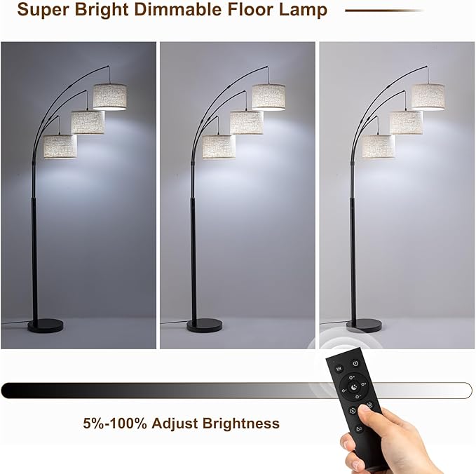 Fansdrick Floor Lamps for Living Room, 2400LM Super Bright Arc Floor Lamp with Remote Control, 3 Light Tall Floor Lamps with Stepless Dimmable, 80" Mid Century Tree Floor Lamp for Bedroom, Office
