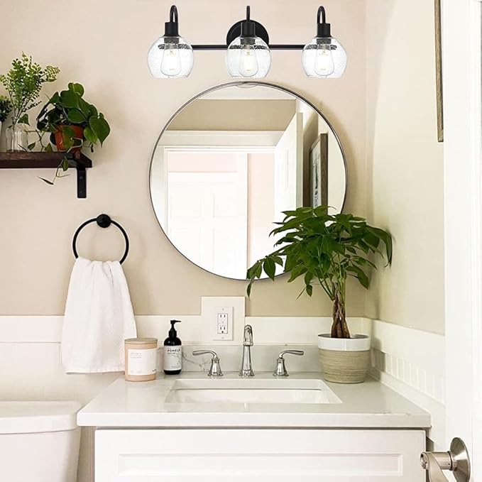 WINSHEN Modern 3-Lights Black Vanity Light Fixtures Farmhouse Metal Bathroom Lighting with Seeded Globe Glass for Hallway Kitchen Over Mirror Bedroom