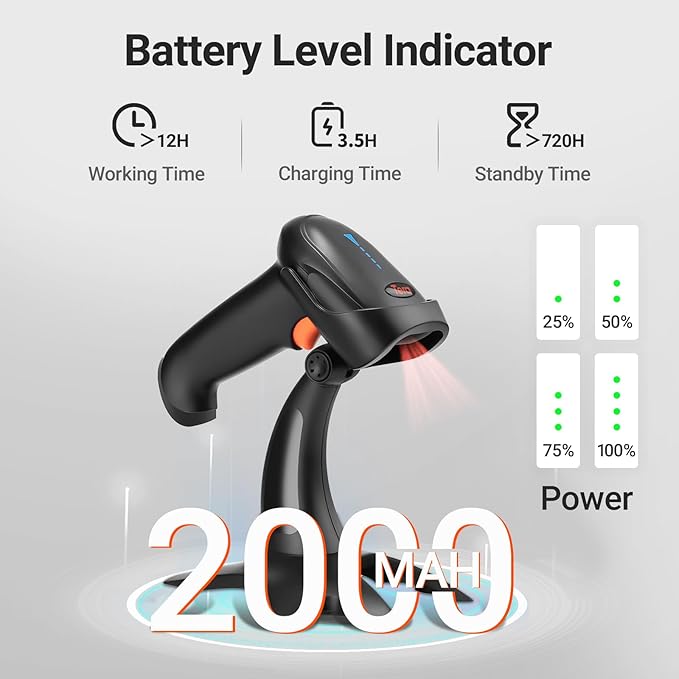 Tera Barcode Scanner Wireless 1D 2D QR with Stand: Battery Level Indicator 3 in 1 Works with Bluetooth 2.4G Wireless USB Wired Handheld Bar Code Reader with Vibration Alert HW0002 Black