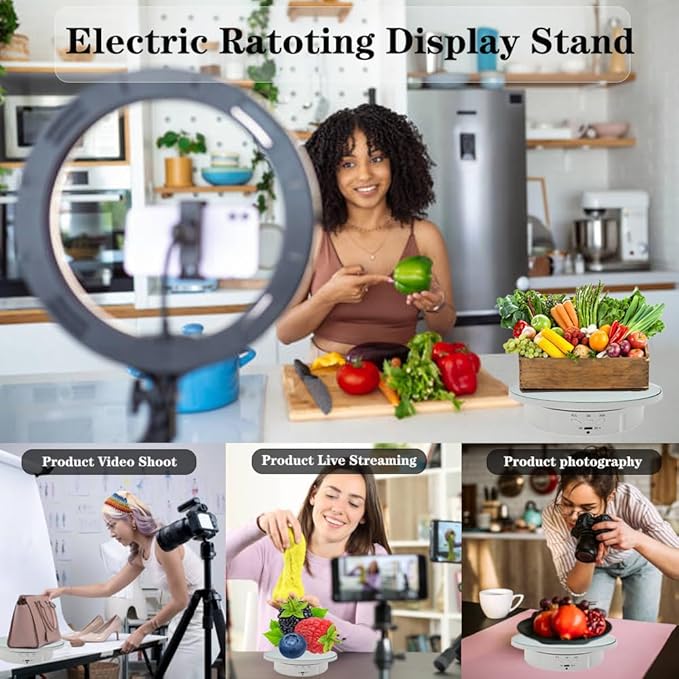 JAYEGT 2 in 1 Motorized Rotating Display Stand with 5.74 /8.66 inch Replacement Mirror Cover，Max 22lbs Load with Remote controller , 360 Degree Electronic Turntable Display Stand for Photography