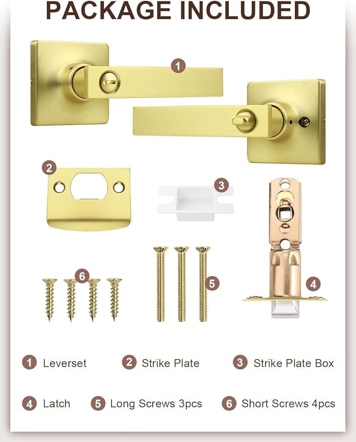 Mengico 6 Pack Gold Privacy Lever Door Handle Interior with Lock, Heavy Duty Square Door Lock for Bed/Bath, Keyless Door Locksets, Reversible for Left Right Handed Doors