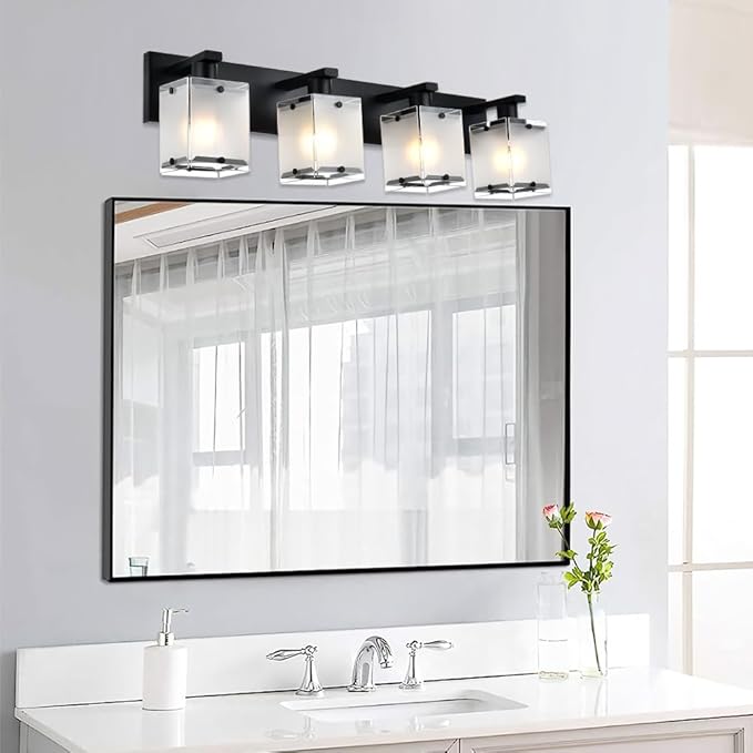 WINSHEN 4-Lights Bathroom Vanity Lighting Over Mirror, Black Bathroom Wall Light Fixtures with Frosted Rectangular Glass Shade for Bath Living Room, E26 Bulb Base