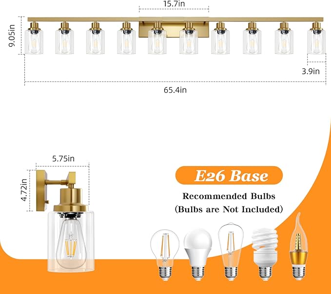 DIKAIDA Gold Bathroom Vanity Light,10-Light Brushed Gold Bathroom Light Fixtures with Clear Glass,64.5in Wall Lamp Sconces for Mirror Bedroom,Living Room Hallway,E26