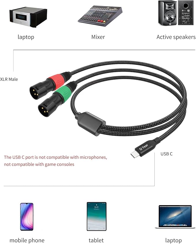 SiYear USB C to Dual XLR Male Audio Cable, Type C to 2 XLR Male Adapter Stereo Power Amplifier Cable for Connecting Smartphones USB C to Active Speaker, Laptops,Mixer Console（3.3FT/1M