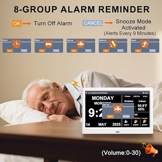 FEYBYLA 2025 New Digital Clock with Temperature/Humidity & Weather Forecast, Auto Time Sync Large Display, Custom Alarms & Medication Reminders, Ideal for Elderly (White, 10.1inch)