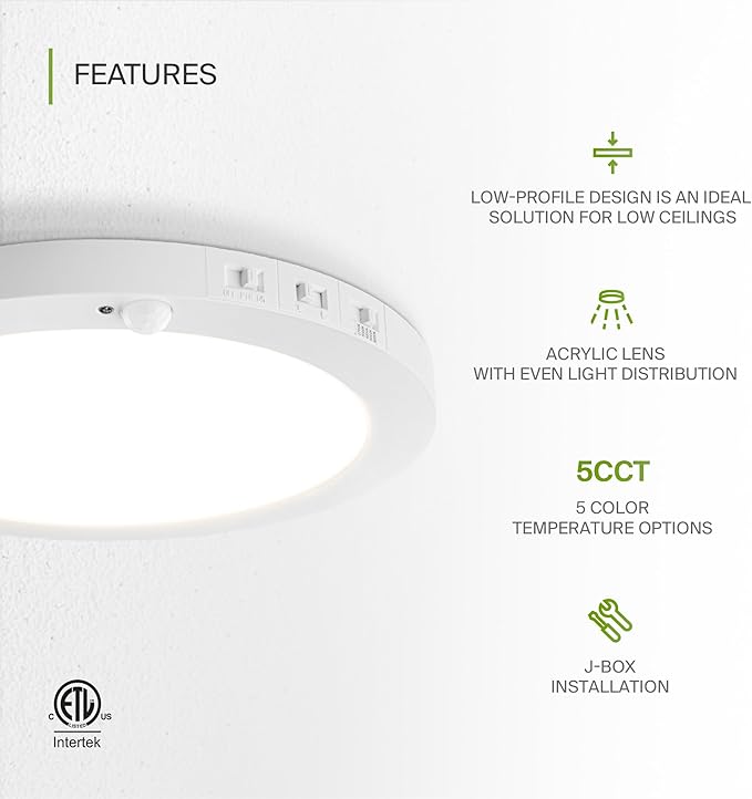 ASD LED 12" Round Flush Mount Ceiling Light Fixture, Low Profile Surface Lighting | 5CCT, Motion Sensored, Ultra-Thin, ETL Listed | 24W 1700LM 2700-6000K 120V | Kitchen, Hallway Lamp | White, 4 Pack