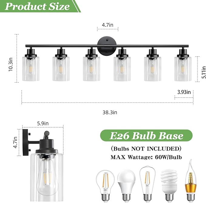 Guliaofo 6-Light E26 Black Bathroom Vanity Lights, Modern Bathroom Light Fixtures with Clear Glass Shade, Wall Lamps for Mirror Hallway Kitchen Cabinet Living Room Sconces Lights