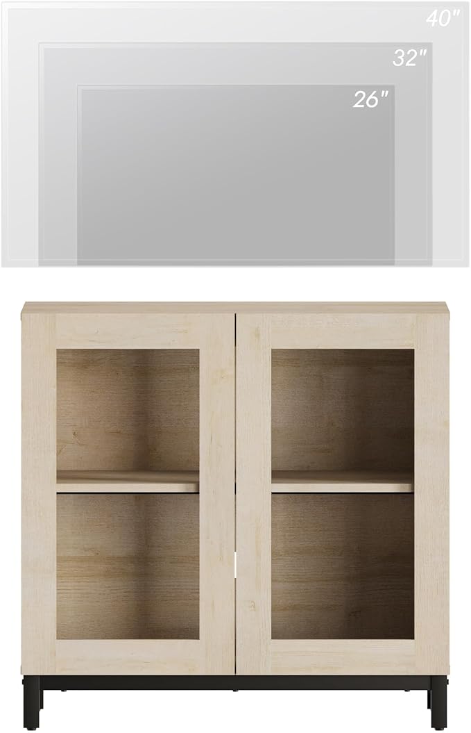 WAMPAT Modern TV Stand with Glass Doors for 32-40 inch TVs, Entertainment Center Console with Adjustable Shelves and Metal Base for Living Room, Bedroom, Light Oak