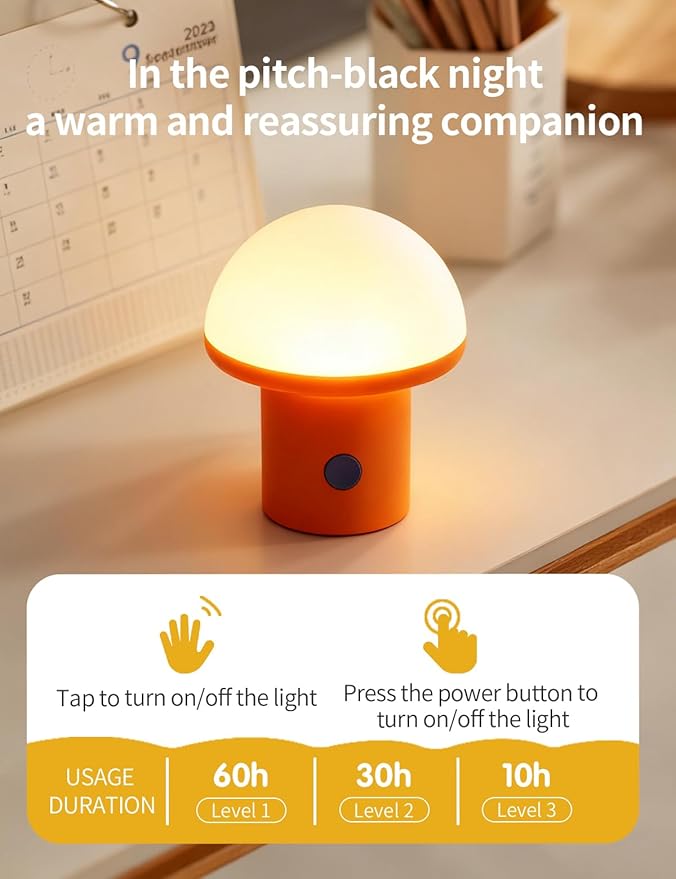 Sgohevn LED Night Light for Bedroom - Cute Mushroom Mini Desk Lamp with 3 Brightness Levels, USB Rechargeable & Portable Bedside Lamp for Kids and Nursery Christmas Gifts for Birthday