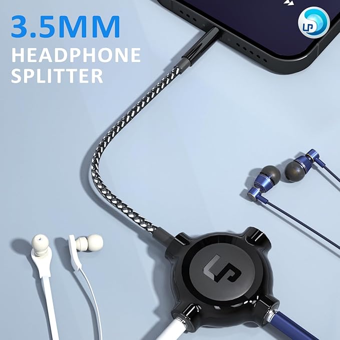 LP Headphone Splitter, Nylon-Braided 3.5mm Audio Stereo Splitter, Male to 3 Female Ports for MacBook, Mac, iPad, iPhone(≤6), iPod, Tablet, Laptop, PC, Earphone, Kindle, MP3 Player, Speaker & More