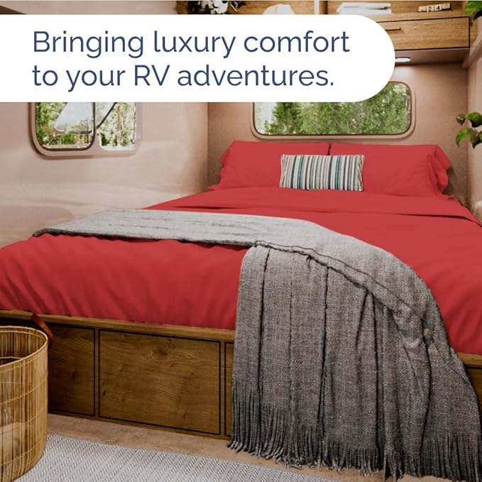 RV Short Queen Sheet Set 60 X 75 - 4 Piece RV Short Queen Bed Sheets - Ultra Soft, Breathable & Cooling - Designed for Bunks, Trailers & Campers - Fits 8” to 12" Mattress - Hotel Luxury Bedding - Red