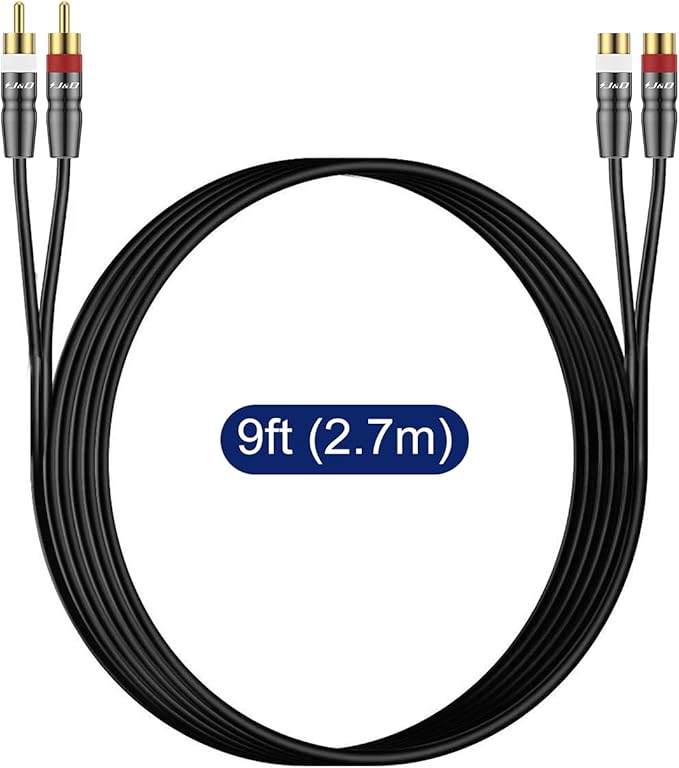 J&D 2 RCA Extension Cable Male to Female, Copper Shell Gold-Plated 2RCA Male to 2RCA Female Cable Stereo Audio Extender Cord Adapter, 9 Feet
