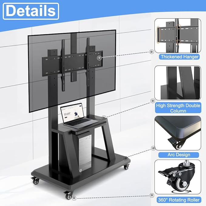 Hellsehen Mobile TV Stand,Rolling TVs Cart on Wheels Height Adjustable Heavy-Duty Floor Stand Base for 32-75 Inch LCD LED OLED Flat Panel Screens Smartboard Movable Holds up to 220lbs with Shelf