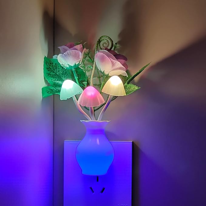 AUSAYE 3Pack Sensor Night Lights Plug into Wall Rose Flower Light, Led Lamp Dream Nightlight Mushroom Night Lights for Kids Adults Room,Bathroom,Kitchen,Hallway