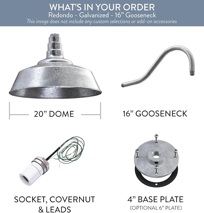 Steel Lighting Co. Large Outdoor Barn Light | Gooseneck Light Fixture | Made in America from 18-Gauge Steel | 20" Dome | 16" Gooseneck Galvanized Exterior/Galvanized Interior