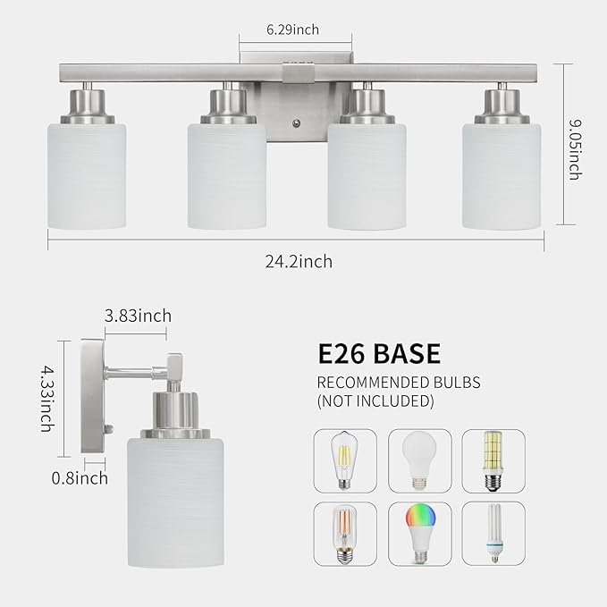 DIKAIDA Bathroom Vanity Light, 4-Light Nickel Modern Bathroom Light Fixtures with Milky White Glass Shade, Wall Lights,Bath Vintage Wall Mounted Lamps for Mirror Bedroom Living Room Hallway Cabinet