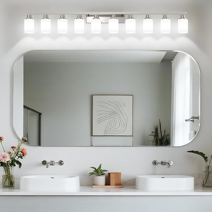 DIKAIDA 10-Light Bathroom Vanity Light Brushed Nickel,64.5in Vanity Lights with White Frosted Glass,Modern Bathroom Wall Lights Fixtures Over Mirror,Wall Sconces Lighting for Bedroom Living Room,E26