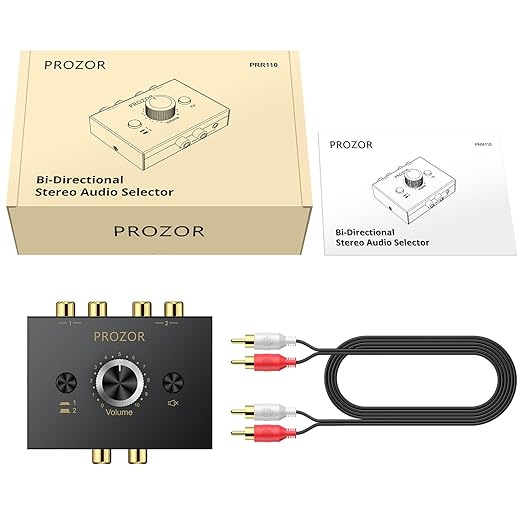 PROZOR 3.5mm & RCA Bi-Directional Audio Switch, 2-in-1-Out / 1-in-2-Out Passive Splitter with Volume Knob & Mute Button, Stereo L/R Audio Switcher Selector Box for Headphones, Amplifiers, Speakers