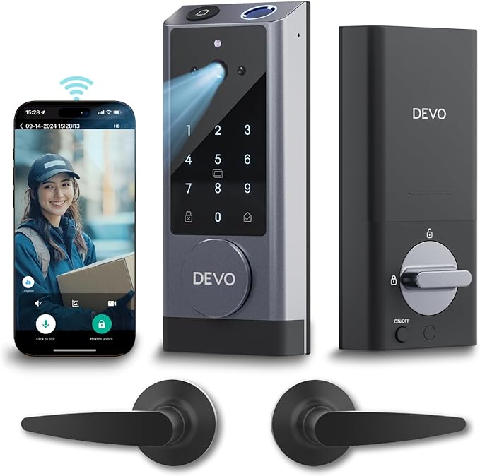 Devo G1 Video Smart Lock with Camera&Doorbell, 6-in-1 Keyless Entry Door Lock Deadbolt with Handle Set, App Remote, Fingerprint ID, Auto Locks, Built-in Wi-Fi Smart Deadbolt for Front Door