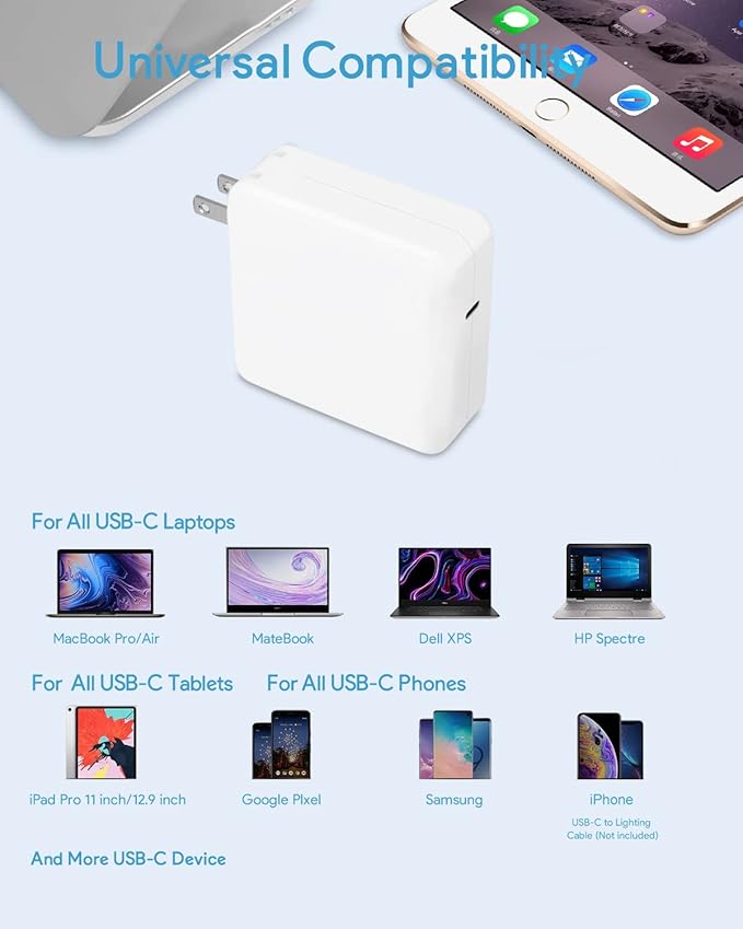 Mac Book Pro Charger, 70W USB C Charger Power Adapter for MacBook Pro/Air 13/14 Inch, for MacBook 12 Inch, Included USB-C to USBC Charge Cable (6.6ft/2m)
