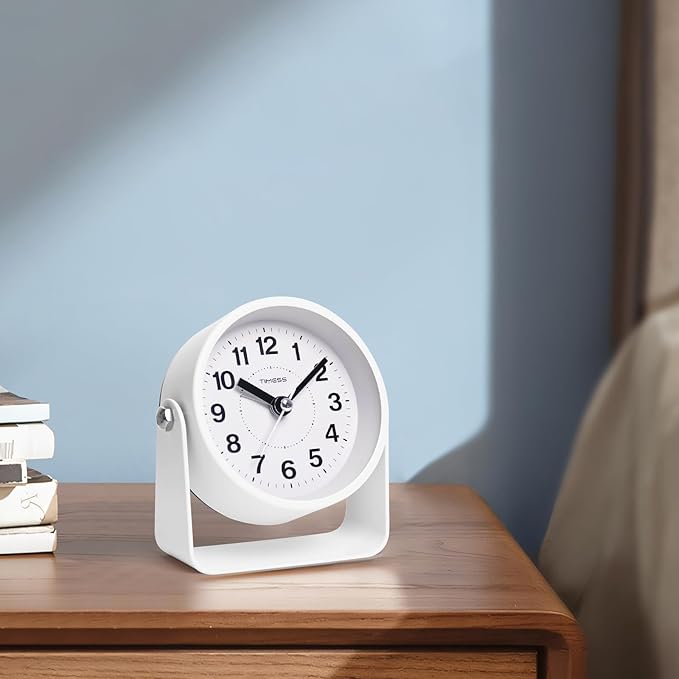 TIMESS Analog Alarm Clock, Silent Non-Ticking Quartz Movement, Battery-Operated with Snooze & On-Demand Light, Easy to Set Gentle Wake Bedside Desk Clock, Ideal for Home, Travel, Office (White)