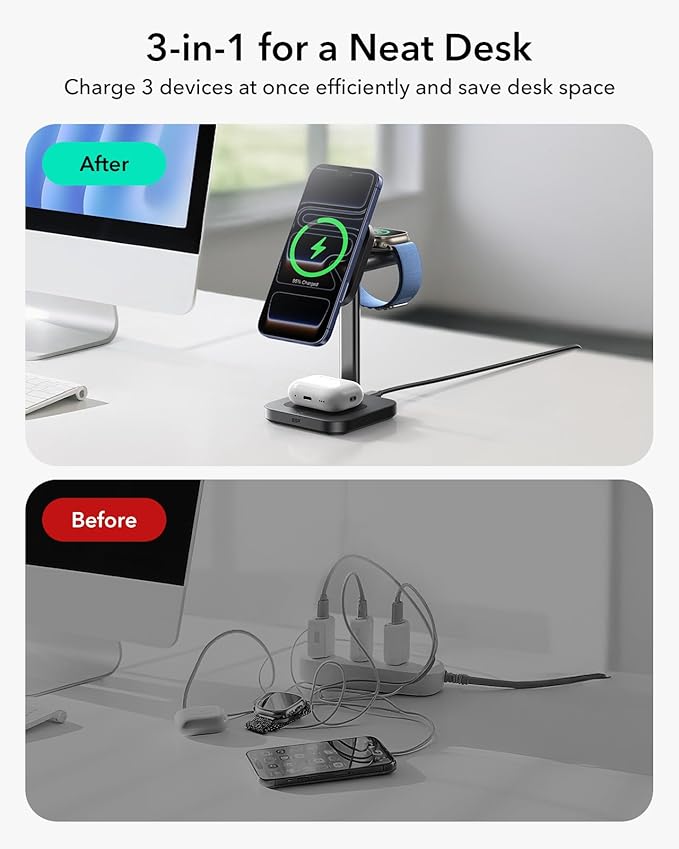 ESR for 3 in 1 Charging Station, Qi2.2 Certified 25W MagSafe Charger Stand with CryoBoost, Phone-Cooling Fast Charging Station, for iPhone 17/16 with iOS 26, AirPods, Apple Watch, Black