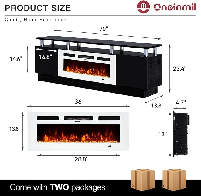 oneinmil Fireplace TV Stand with 36” Electric Fireplace, 70” 2 Tier TV Console Stand for TVs Up to 80", LED Light Entertainment Center, Fireplace for The Living Room TV Stand, Black