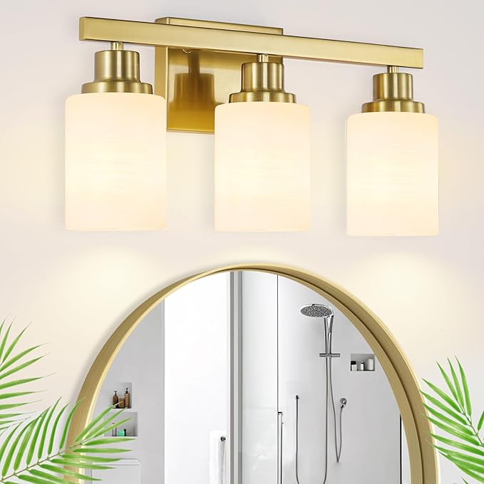 DIKAIDA 3-Light Gold Bathroom Light Fixtures, Modern Vanity Light with Milky White Glass Shade, Gold Wall Lamp Sconces for Mirror, Bedroom, Living Room, Hallway
