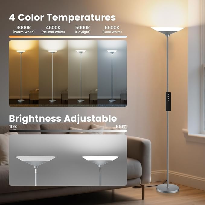 SIBRILLE Silver Torchiere Floor Lamp - 30W Dimmable LED Standing Lamp with Remote/Button Control, 1800Lm, 3000-6500K, 72in Bright Standing Pole Light for Living Room Bedroom Office Corner
