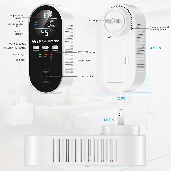 5 in 1 Carbon Monoxide Detectors Plug in with Temperature Humidity Sensor Built in Battery Backup, Natural Gas Leak Detector with Clear LED Display Sound & Light Warning for Home/Hotel, 2Pcs, Black.
