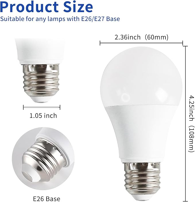 LQ BSDERA 4PK Full Spectrum Light Bulbs, 9W, 6000K Natural Light That Mimic Sunlight, Boosts Mood, Energy, Focus, A19, Sunlike Happy Light Bulbs with E26/27 Base for Most Lamps