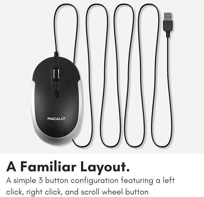 Macally Silent Wired Mouse - Slim & Compact USB Mouse for Apple Mac or Windows PC Laptop/Desktop - Designed with Optical Sensor & DPI Switch - Simple & Comfortable Wired Computer Mice (Space Gray)