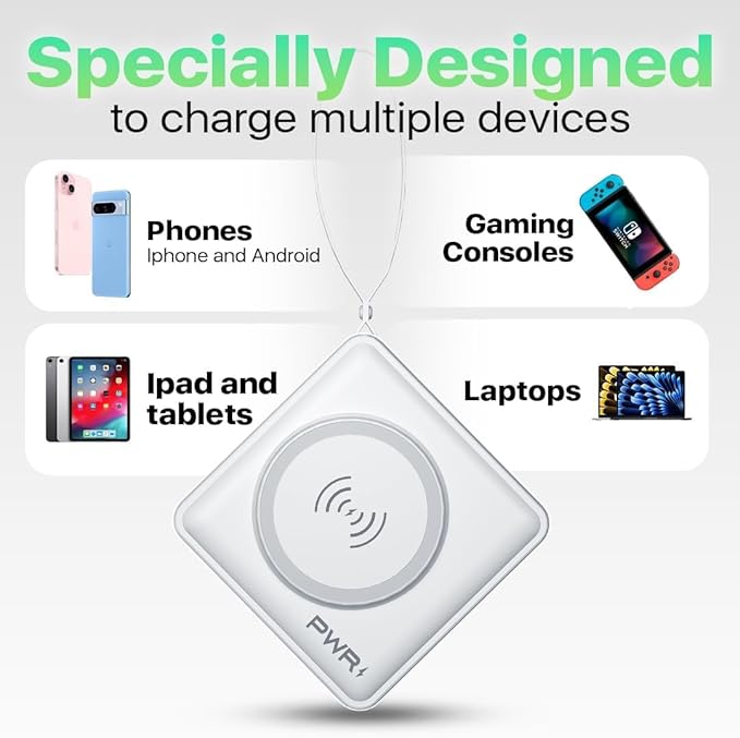PWRMobile PWR Travel PRO 5-in-1 Power Bank – 10,000mAh with Built-in Cables – 20W USB-C + 15W Wireless Charging – Compact Portable Charger for iPhone & Android - White