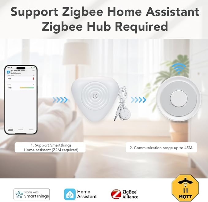 NEO Zigbee Water Sensor, Smart Water Leak Detector for Home, Requires Zigbee Hub, Compatible with SmartThings and Home Assistant (ZHA & Z2M)