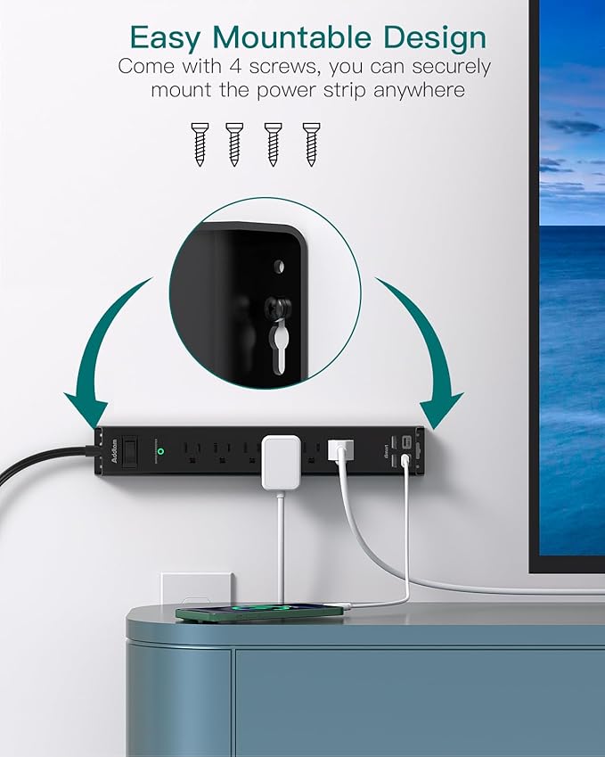 15Ft Extension Cord - Addtam Long Cord Power Strip with 6 AC Outlets and 4 USB Ports(2USB C), Wall Mount with Surge Protection, Multi Plug Outlets for Home Office College Dorm Room Essentials