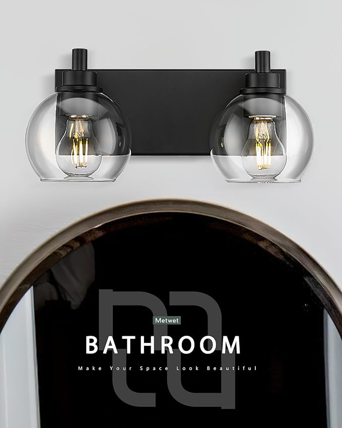METWET Bathroom Light Fixtures, 2 Light Matte Black Vanity Light, Modern Wall Sconces with Clear Glass Globe Shade, Bathroom Wall Lights Over Mirror Kitchen Bedroom Hallway, VL195-MB-2