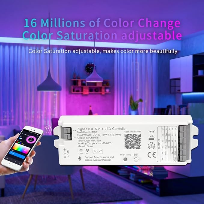 FCOB 5in1 LM052 Tuya Zigbee3.0 LED Controller Support Monochrome CCT RGB RGBW RGBCCT PWM LED Strip Compatible with Echo Plus Echo(4th Gen) Philip H-UE Home-kit Gateway Work with WR01RF WR02RF etc