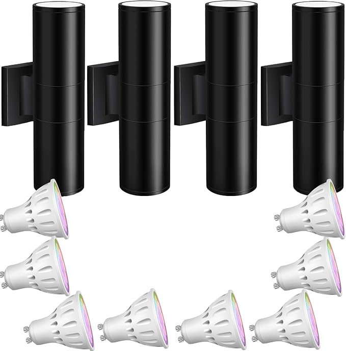 rosykite Exterior Double Up Down Outdoor Wall Lights,Mi.Light Remote Control RGB Color Changing 1000lm Warm White 3000k RGBW Cylinder Outdoor Wall Light,Smart LED Exterior Lighting (4 Pack)