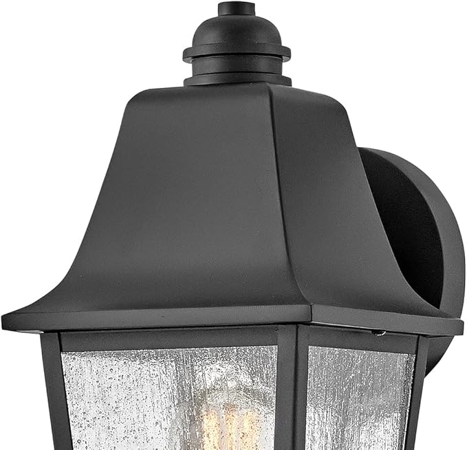 Hinkley Kingston Single Light Wall Mount Outdoor Lantern - Oversized Sweeping Roof & Bottom Arm, Aluminum, Clear Seedy Glass - Black Finish
