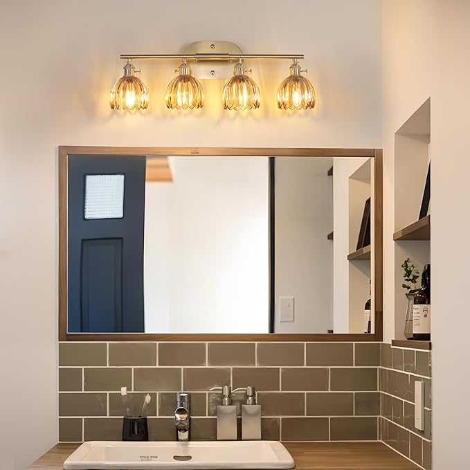 Shenmoyl Bathroom Light Fixtures, 4-Light Brass Vanity Wall Light Over Mirror with Amber Tulip Glass Shade for Bedroom Living Room (Bulb Not Included)
