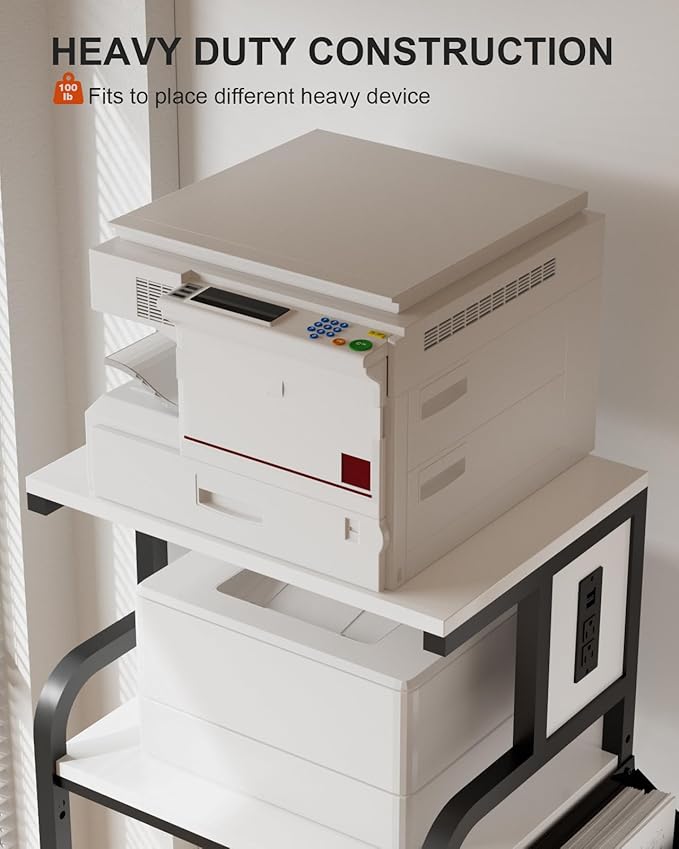 DongRong Tall Printer Stand with Storage Adjustable Shelf and Bag, 4-Tier Large Printer Table with Charging Station for Home Office, Printers Cart with Wheels for 3D Shredder Scanner Fax (White)