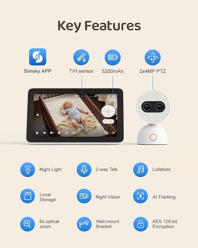 Simsky Split Screen Video Baby Monitor with Cameras, Dual 4MP Cameras with 6X Zoom, 7" UHD Touch Screen Portable Audio Baby Monitor 32GB Local Storage