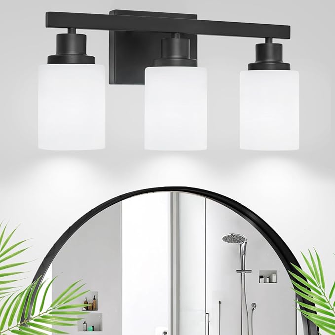 DIKAIDA 3-Light Bathroom Light Fixtures Over Mirror, Modern Matte Black Vanity Lights with White Frosted Glass Shade, Bathroom Wall Lamp Sconces for Mirror Bedroom, Living Room Hallway