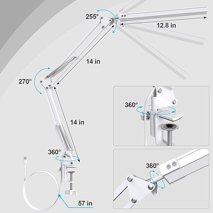TROPICALTREE LED Desk Lamp for Home Office, Clamp-On with 3 Light Modes | 14W Adjustable Brightness 5000K Eye-Caring Lighting for Study/Bedroom/Computer Desk (White)