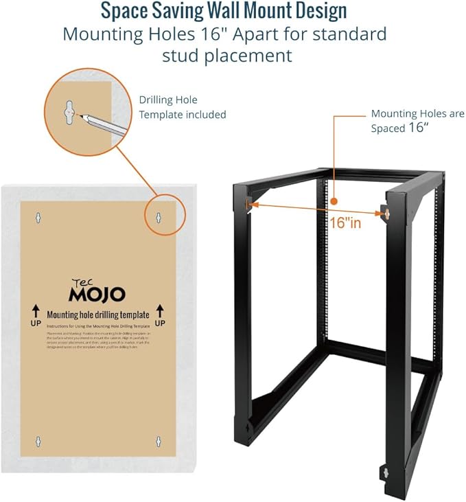 Tecmojo 18U Wall Mount Server Rack, Open Frame Network Rack for 19" Computer/AV/Data/IT/Media Equipment, 24" Depth, 16" Apart Mounting Holes, Swing Gate, Square and Tapped Holes