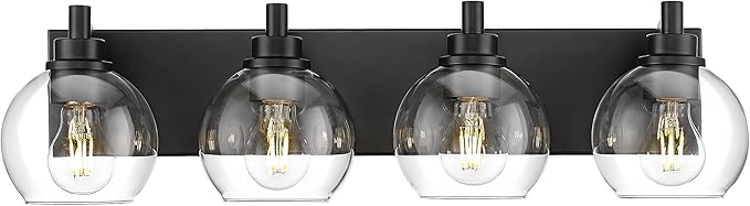 METWET Bathroom Light Fixtures, 4 Light Matte Black Vanity Light, 26 Inch Modern Wall Sconces with Globe Clear Glass Shade, Vanity Lighting Fixtures Over Mirror, VL195-MB-CL-4