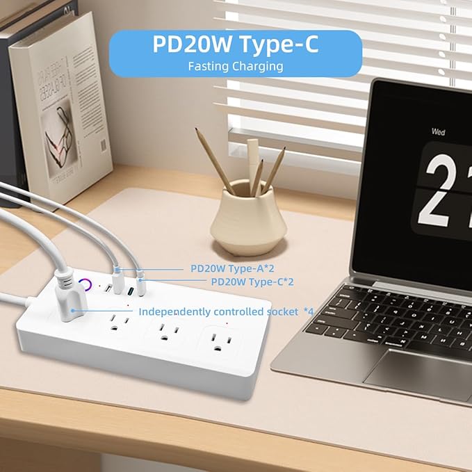 UseeLink Smart Power Strip, WiFi Flat Plug Strip with 4 Smart Outlets and 4 USB Ports(2A2C), 5 Feet Extension Cord Surge Protector, Only 2.4 GHz Wi-Fi, Compatible with Alexa and Google Home, White