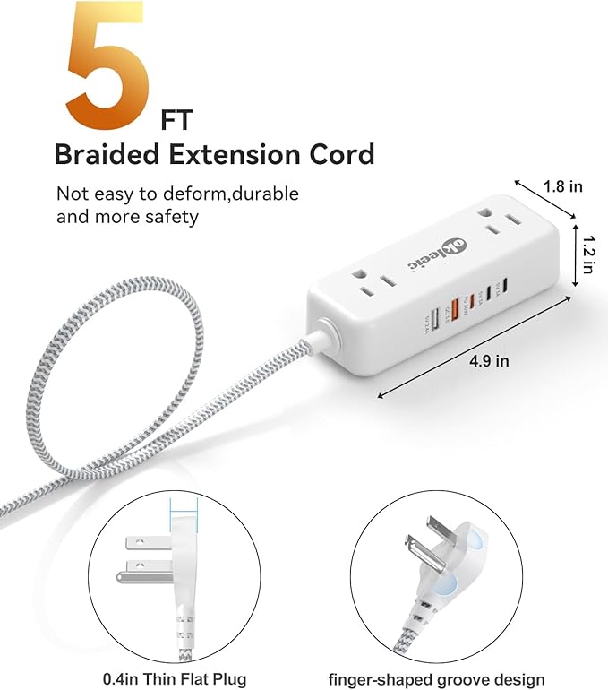 PD30W USB C Travel Power Strip,Cruise Power Strip with 5 USB(3 USB-C) Ports and 4 Outlets, Braided Extension Cord 5Ft, 30W Fast Charging Station Compatible with MacBook Laptops iPad Pro iPhone Samsung