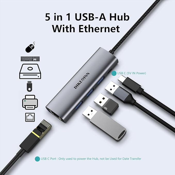 DIKEQINN USB 3.0 Hub with Gigabit Ethernet, 3-Port USB-A 5Gbps + USB-C Power Port for MacBook, Dell, HP, Surface (Plug and Play) (USB-C)